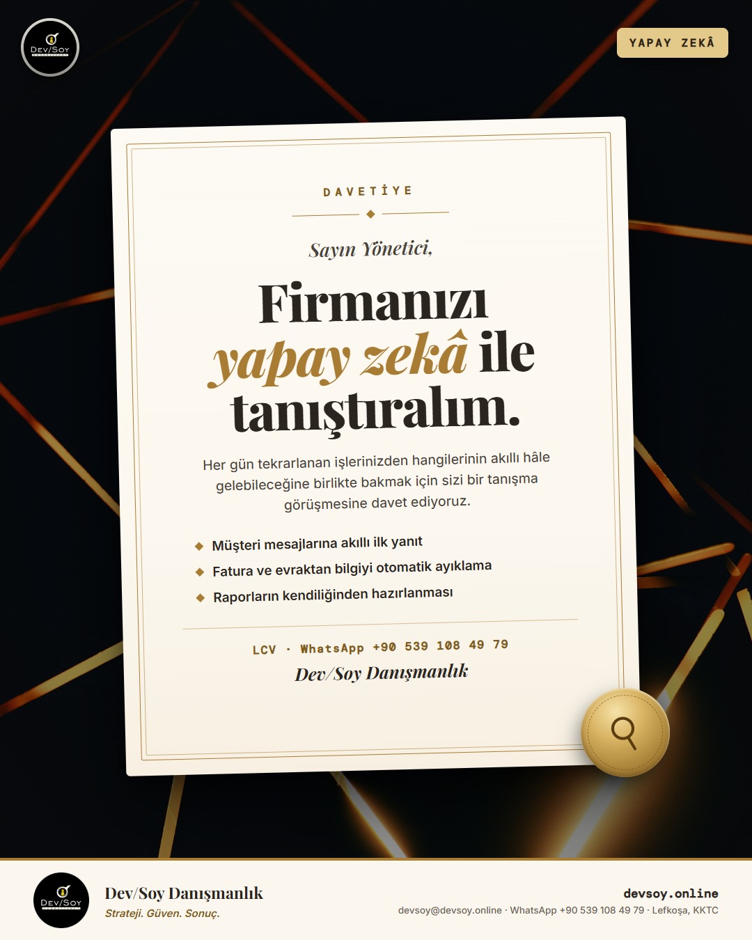 Altın ışık çizgileri üzerinde krem renkli bir davetiye kartı: Firmanızı yapay zekâ ile tanıştıralım.