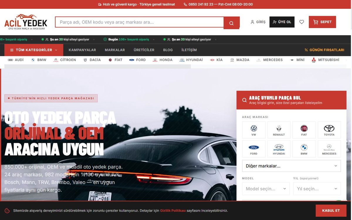 Acil Yedek Parça e-ticaret sitesi